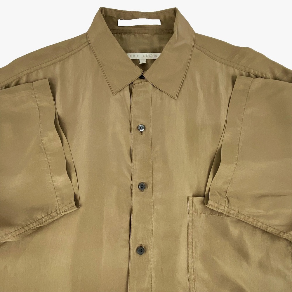 Perry Ellis Short Sleeve Shirt Men's M 100% Silk Vintage Med. Brown Pocket Luxe